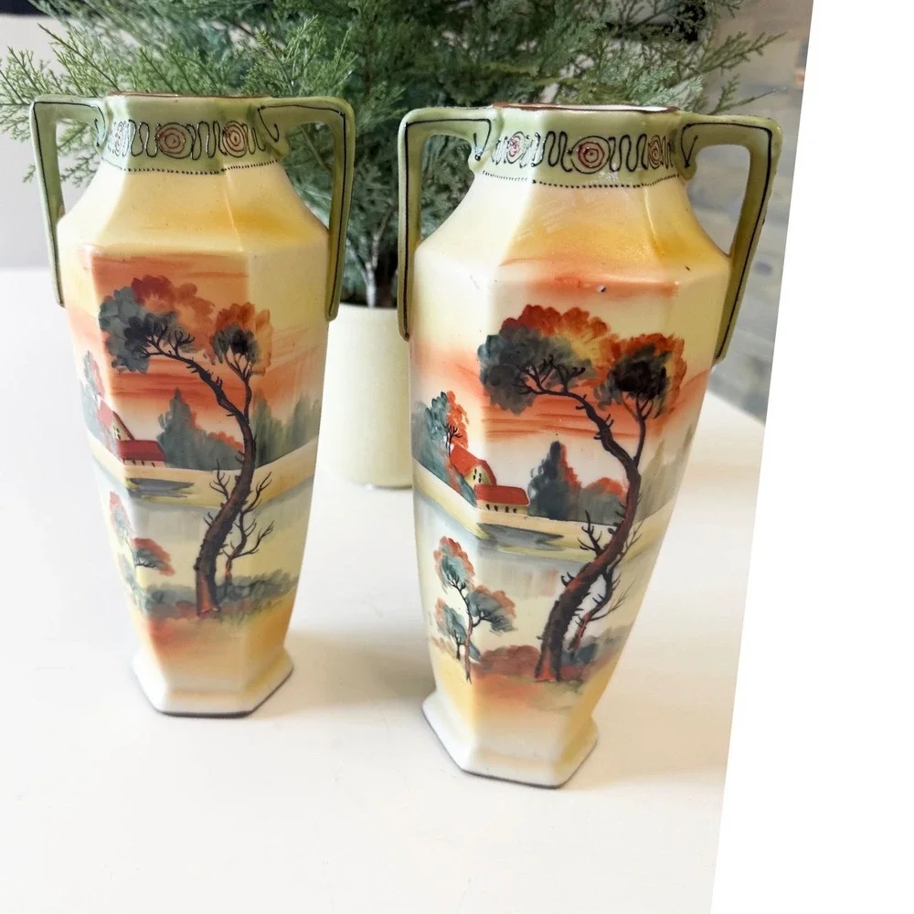 Antique Nippon Hand Painted Landscape Vases Moriage Gilt Porcelain Pair 9.5